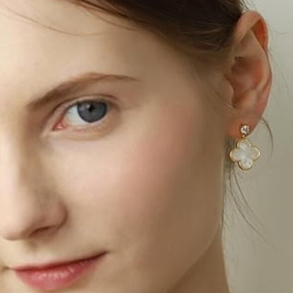 Women's 14K Gold White Onyx Acrylic Leaf Clover Luxury Dainty Stud Earrings - Picture 4 of 5